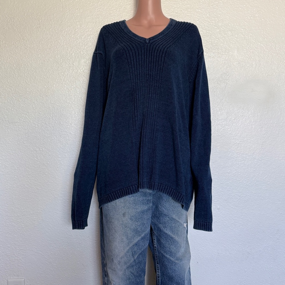Vintage Eddie Bauer Men's V-Neck Sweater Blue 100% Cotton XL Tall - Picture 2 of 7
